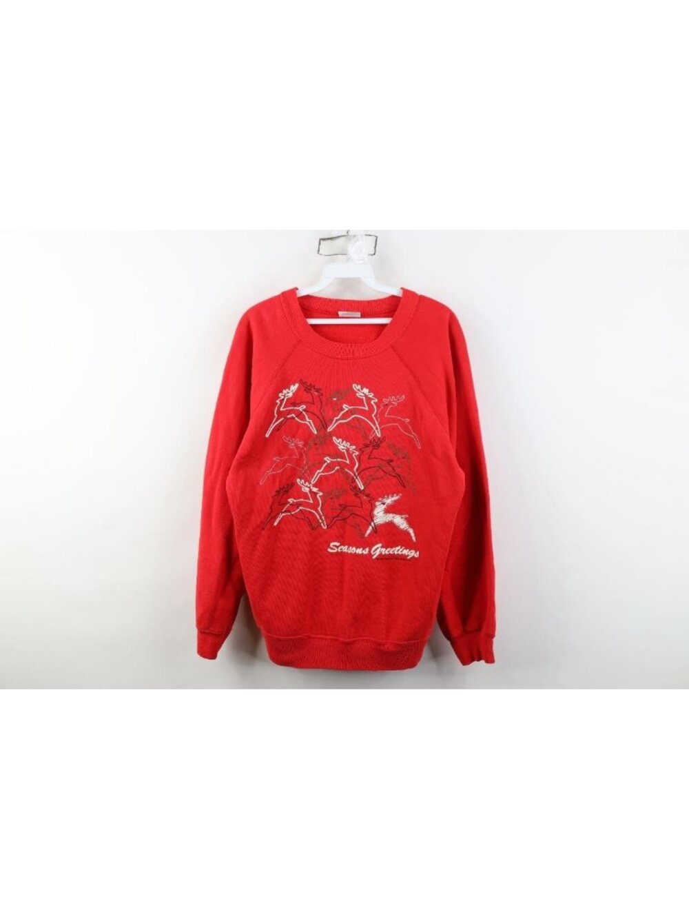 Vtg 90s Womens Large Faded Christmas Seasons Greetings Reindeer Sweatshirt USA